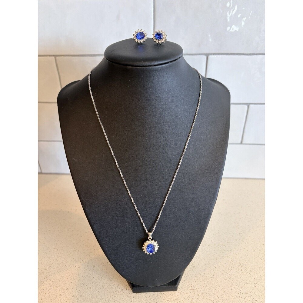 925 Sterling Silver CZ Blue Sapphire Ring Earrings Pendant Necklace Set